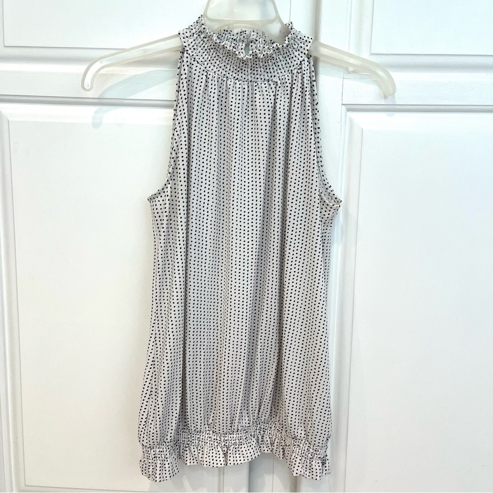 Adrianna Papell Blouse Womens S Polka Dot Sleeveless Ruffle Ruched